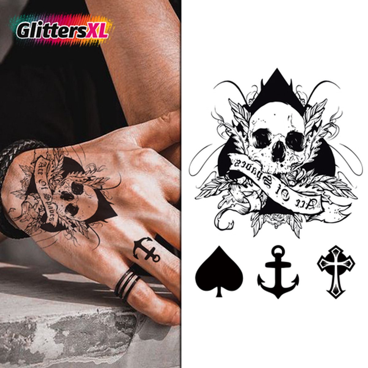 GlittersXL - Temporary Tattoo Doodshoofd Ace of Spades (11x8cm) [Neptattoo - Tijdelijke tatoeage - Nep Fake Tattoos - Water overdraagbare festival sticker henna outfit tattoo - Glitter tattoo - Volwassenen Kinderen Jongen Meisje]